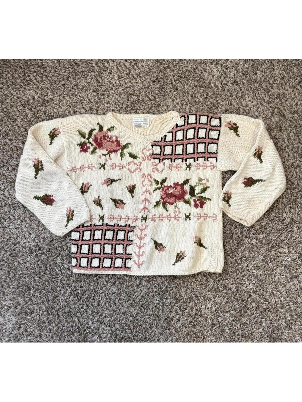 Vintage Jennifer Reed Hand Knit Floral Sweater  Cotton Blend Cottagecore Medium